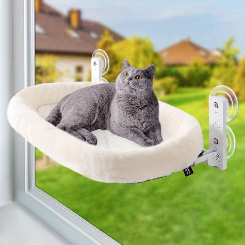 Cordless Cat Window Perch with Plush Padded Hammock, 24.8 x 15.35 Inch Metal Frame and 4 Suction Cups for Indoor Cat Lounging and Birdwatching