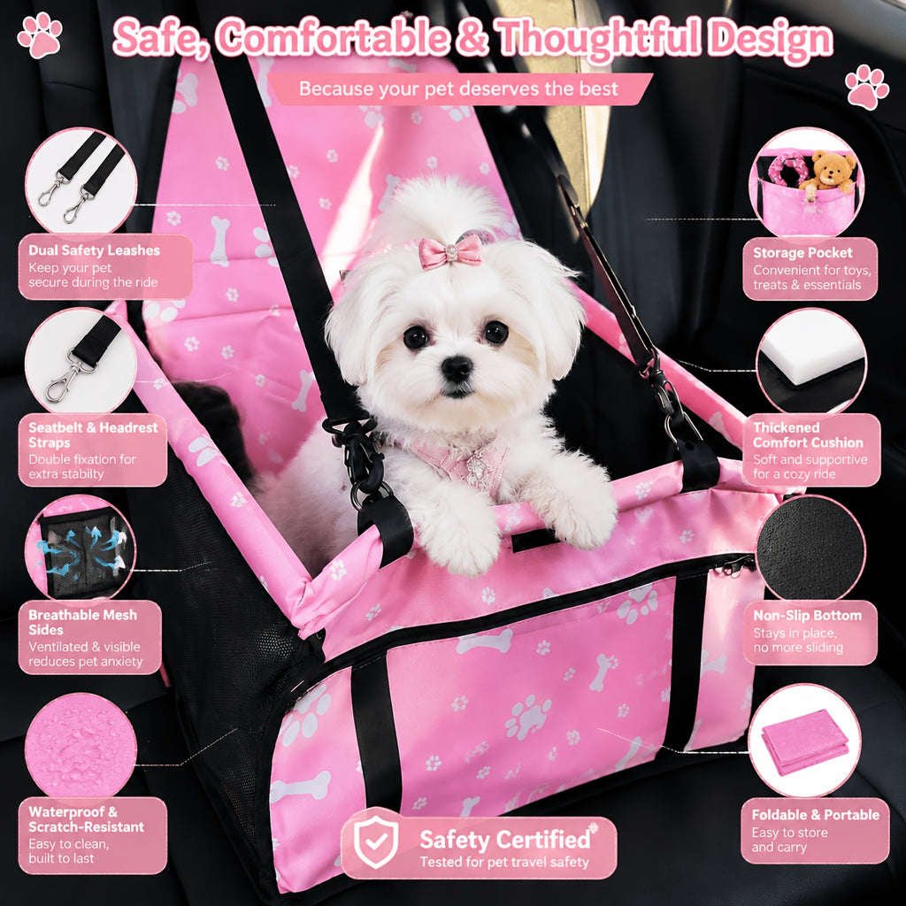 Small Dog Car Booster Seat with Bone Print, Foldable Oxford Pet Travel Carrier with Mesh Sides, Adjustable Straps and Storage Pocket