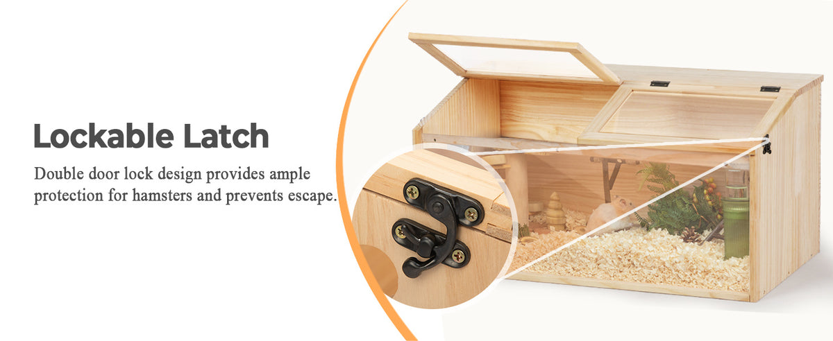 Hamster Habitat Wooden Cage with Clear Acrylic Front, Openable Top and Side Locks, 31.5-Inch Small Pet Enclosure in Natural or Burlywood