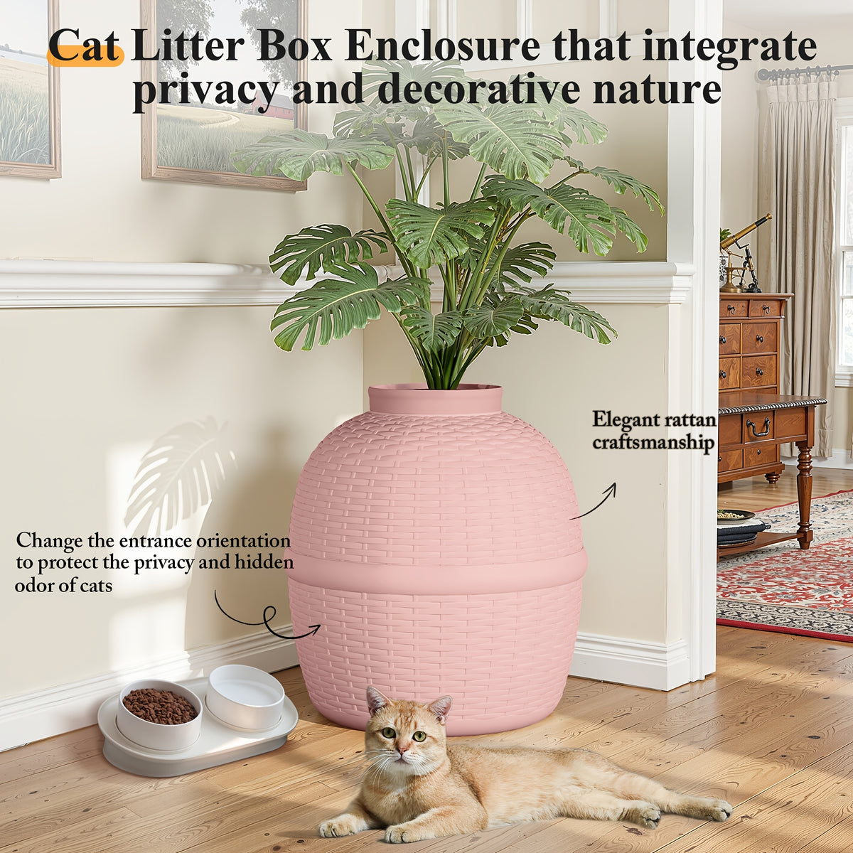 Hidden Litter Box with Plant and Rattan Pattern, Waterproof PP Cat Litter Furniture for Indoor Homes, Easy Assembly and Cleaning, Brown or OW