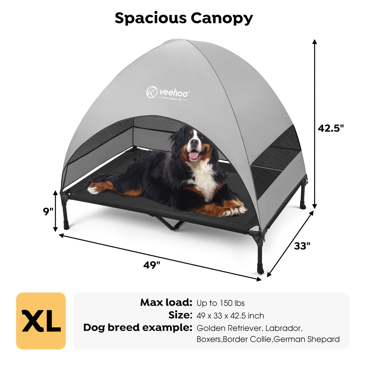 Elevated Canopy Dog Bed with Removable Shade and Non-Slip Feet, L and XL Raised Pet Cot for Large Dogs, Backyard Lounging, Camping and Beach Trips
