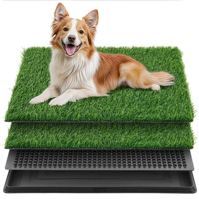 Dog Grass Potty Tray with Two Washable Turf Mats, 3-Layer Artificial Grass Puppy Toilet with Drainage Grate for Indoor and Outdoor Training