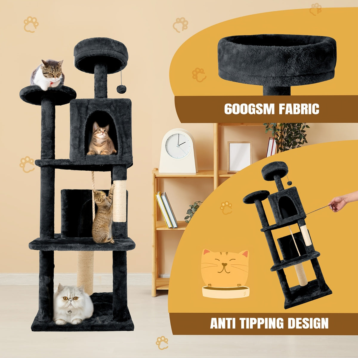 Cat Tower for Indoor Cats 59 Inch, Multi-Level Cat Tree with 2 Condos, Round Top Perch, Sisal Scratching Posts and Hanging Ball Toy, Plush Cat Furniture in 5 Colors