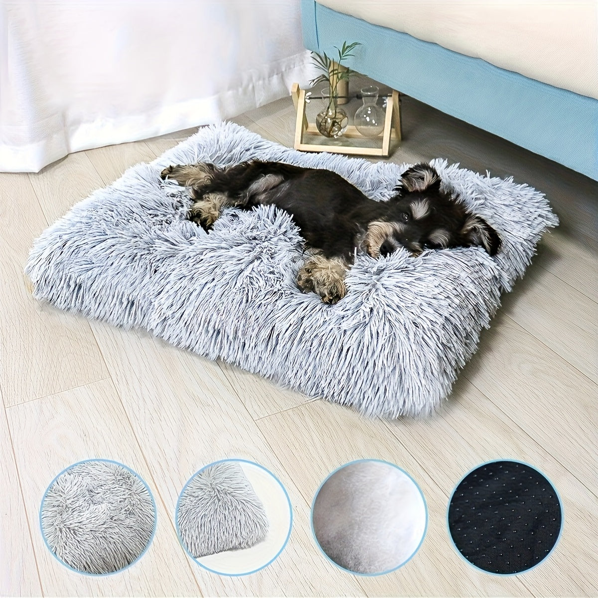Plush Dog Bed Mat in Light Gray, Washable Polyester Cat Sleeping Pad with Fluffy Rectangular Cushion for Cozy Indoor Rest, S L XL Sizes