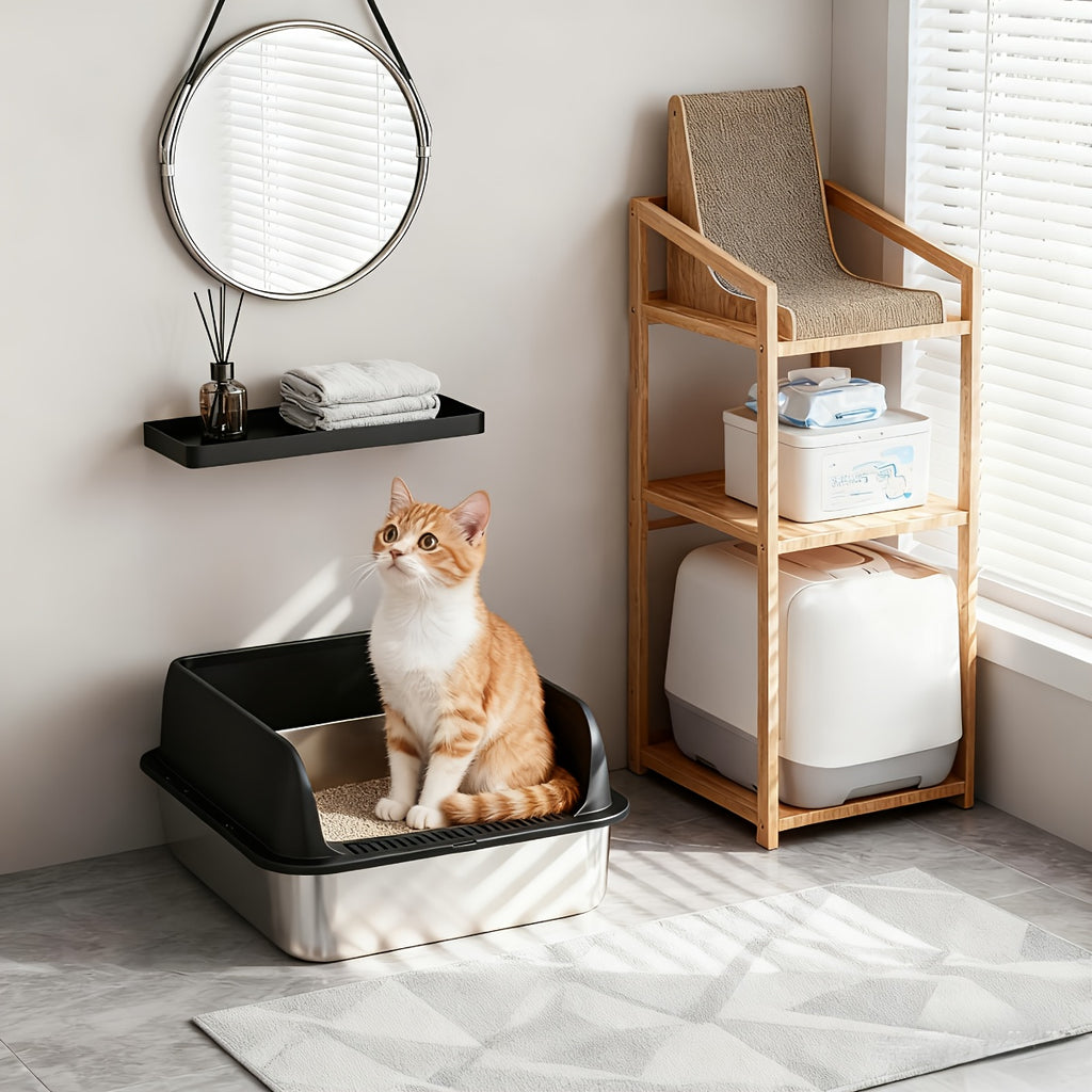 High-Sided Stainless Steel Cat Litter Box with Snap-Lock Design, Easy-Clean Metal Litter Tray for Indoor Cats, Black and Gray Options