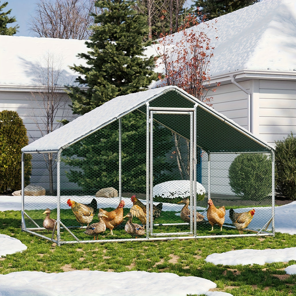 Chicken Coop with Winter Wrap Cover, Walk-In Galvanized Metal Poultry Run with Lockable Door for Backyard Hens and Ducks, White Size Options