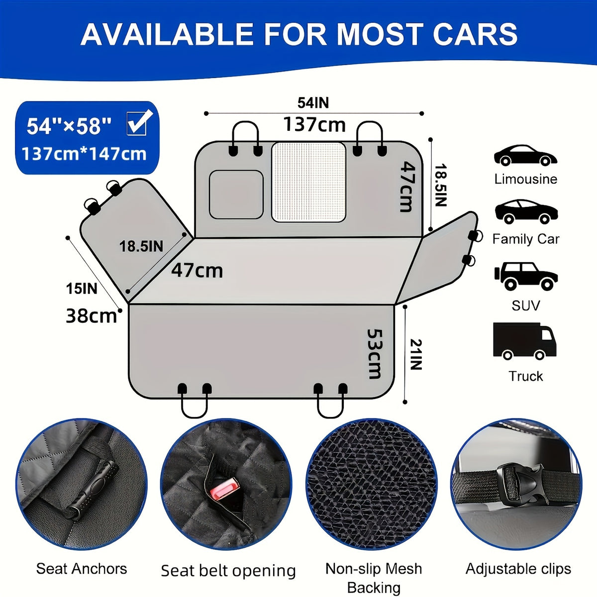 Nylon Dog Car Seat Cover with Mesh Windows and Storage Pockets, Non-Slip Gray Black Pet Hammock for Everyday Car, Truck and SUV Travel