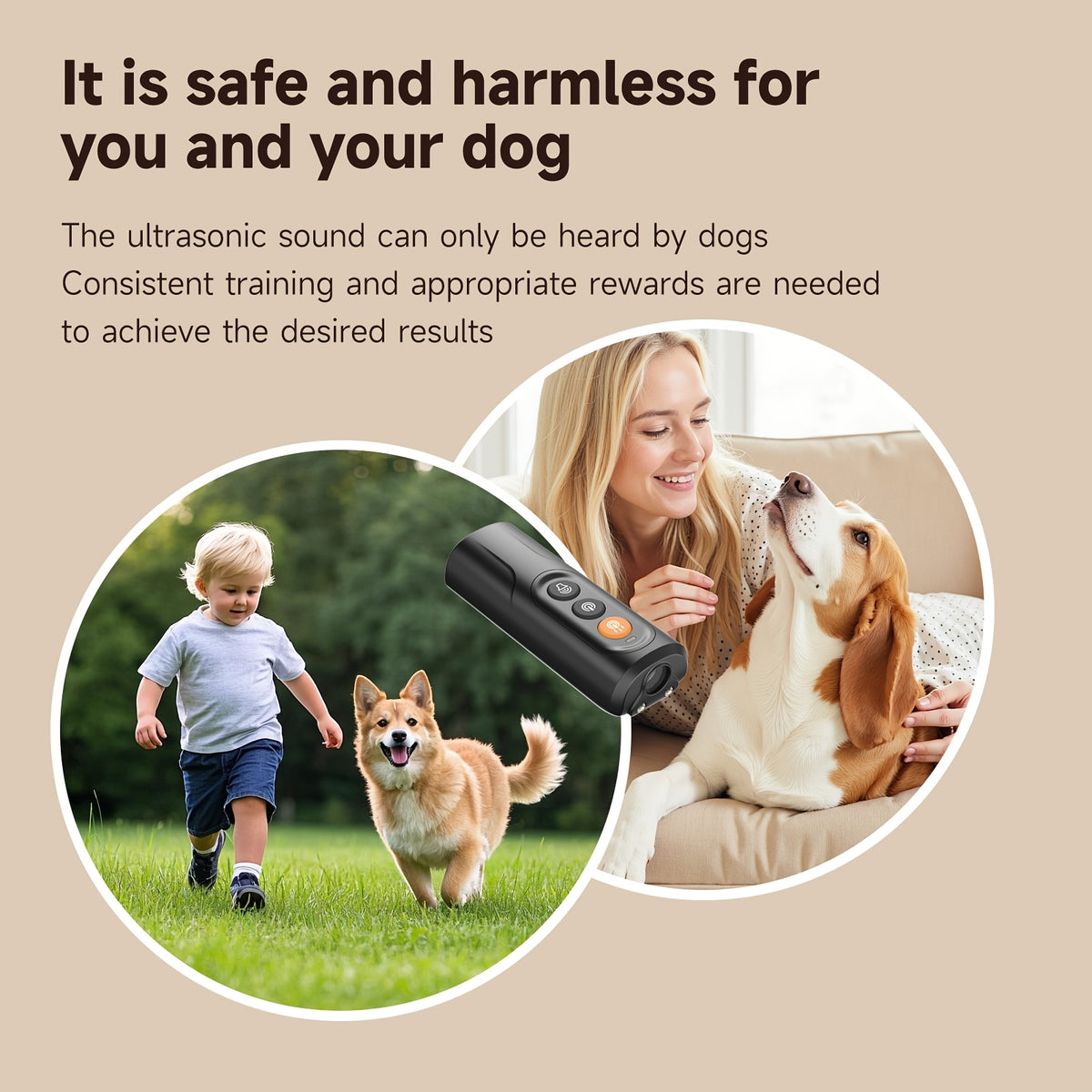 Ultrasonic Dog Deterrent with USB-C Charging, Compact Handheld Bark Training Device with LED Lights and Sound Mode for Supervised Home and Walk Use