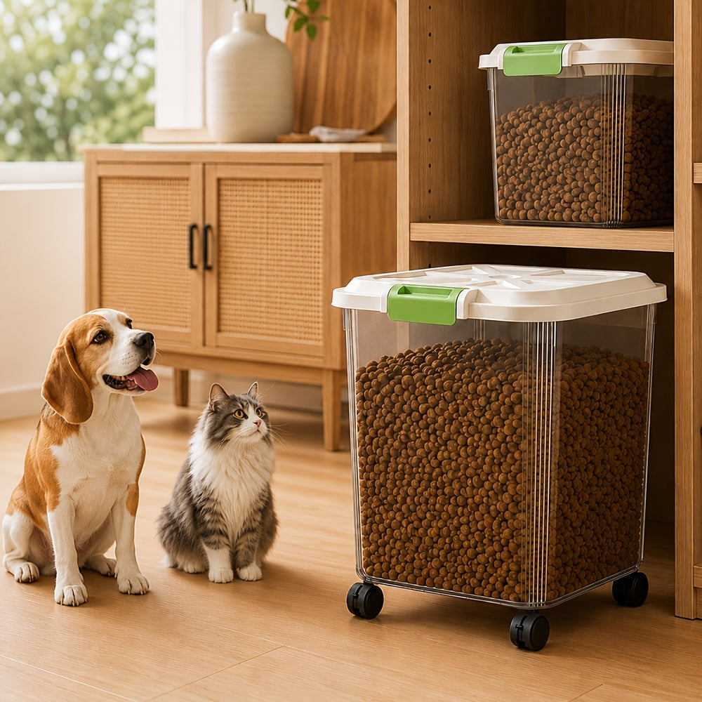Dog Food Storage Container Set, 2-Piece Airtight Large and Medium Clear Plastic Bins with Rolling Wheels and Measuring Cup for Dry Cat and Dog Kibble