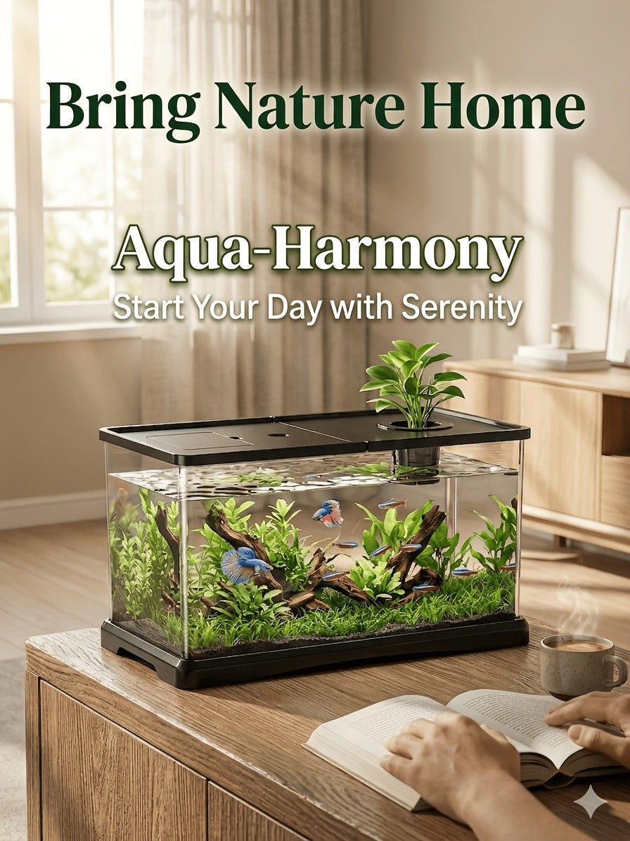 Rectangular Fish Tank with Lid and Plant Opening, Clear Aquarium Display in Large or M Model for Home, Office and Classroom Aquatic Decor