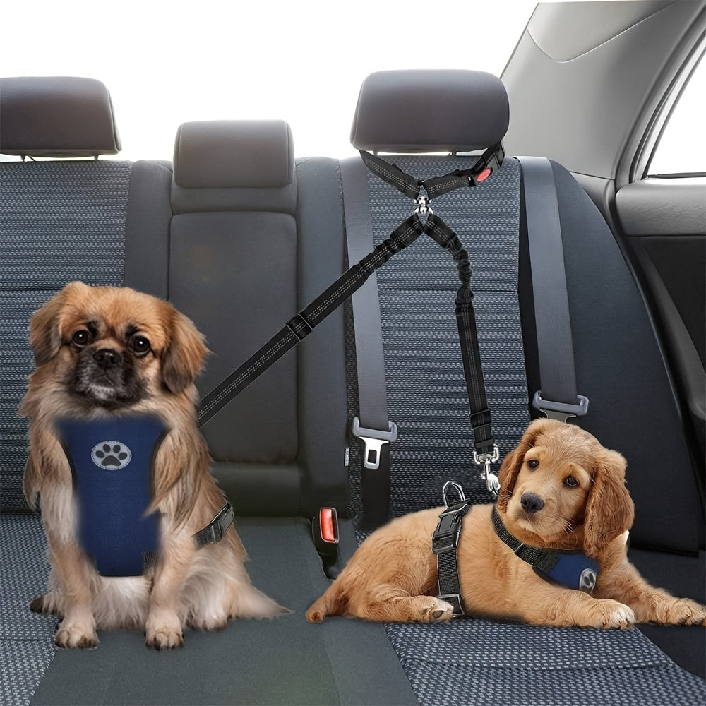 Dual Dog Car Seat Belt with Adjustable Headrest Loop, Two Bungee Tether Straps and Metal Clips for Two-Dog Travel in Red, Rose Red or Black