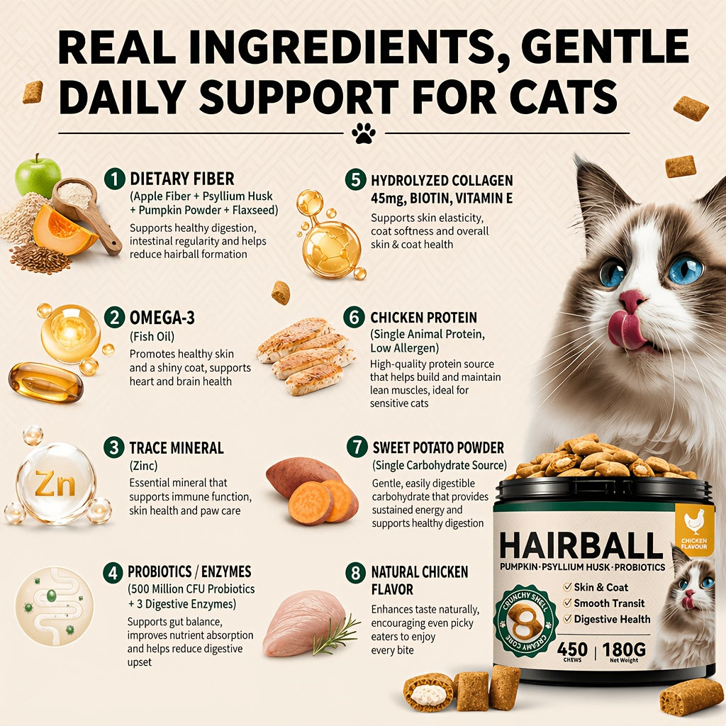 Cat Hairball Treats with Fiber and Fish Oil, Dual-Texture Crunchy and Creamy Cat Snacks for Indoor Cats, Chicken Flavor and Multipack Options