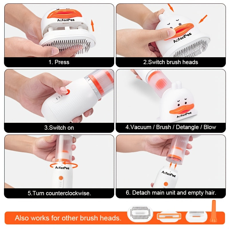 Pet Grooming Vacuum Brush 4-in-1, White Handheld Dog and Cat Deshedding Kit with Self-Cleaning Slicker, Undercoat Rake, Massage Brush and Blowing Nozzle