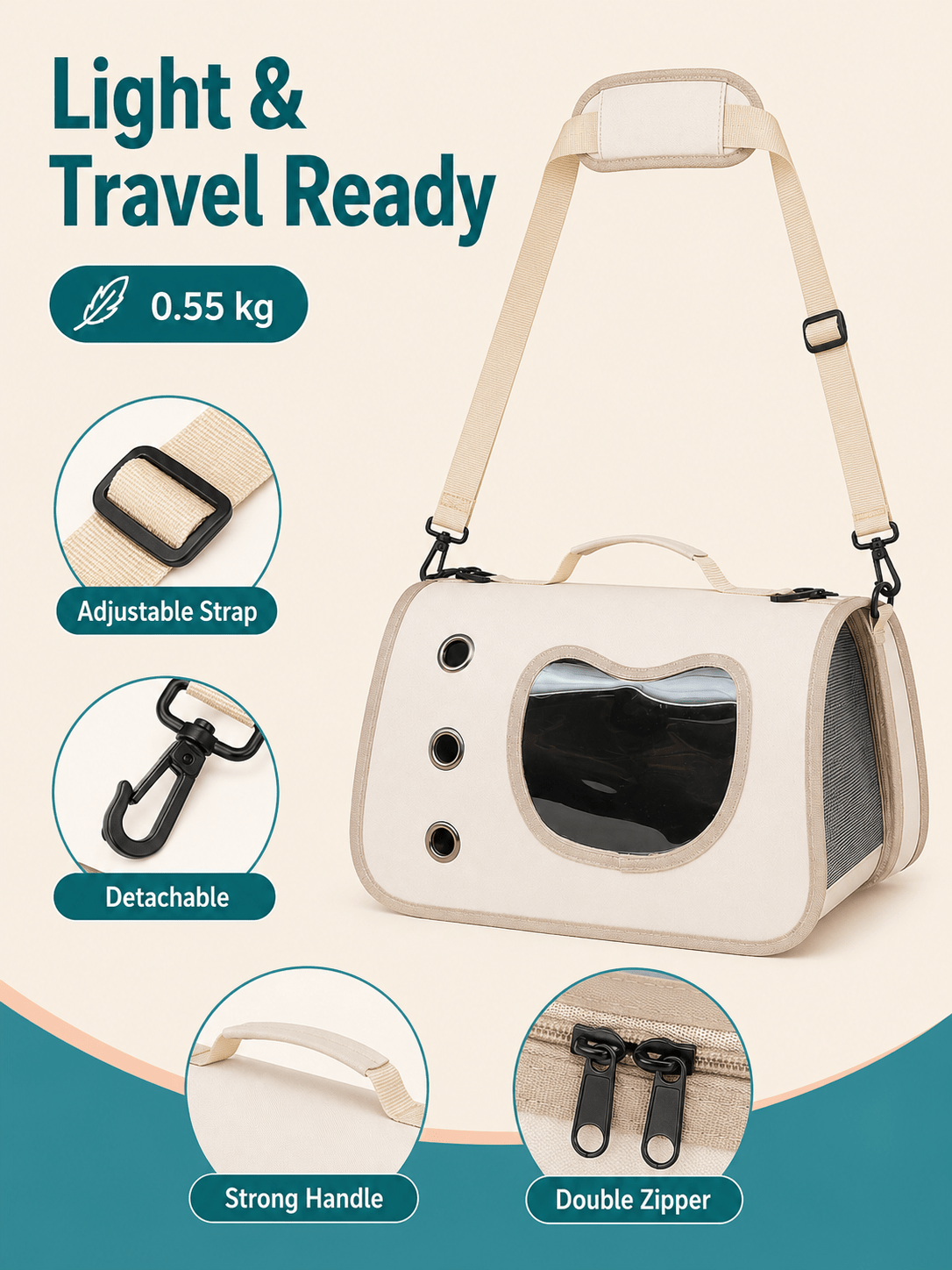 Pet Carrier Bag with Side Opening for Cats and Dogs, Soft-Sided Breathable Travel Tote for Handheld and Shoulder Carry, Off-White, Orange or Pink