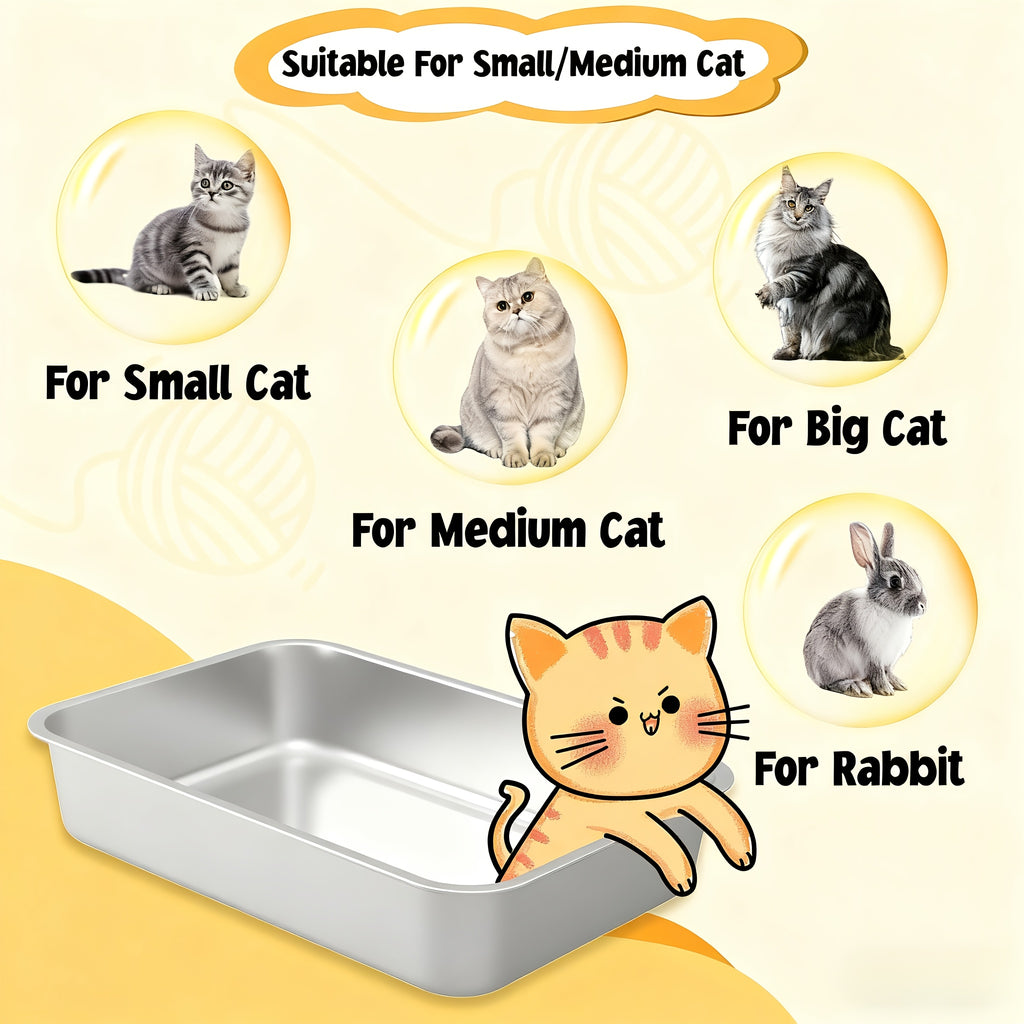 High-Sided Stainless Steel Cat Litter Box with Snap-Lock Design, Easy-Clean Metal Litter Tray for Indoor Cats, Black and Gray Options