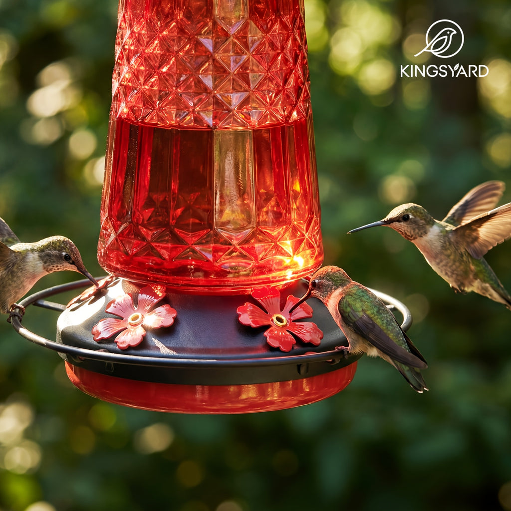 Glass Hummingbird Feeder 24oz by Kingsyard, Outdoor Hanging Nectar Feeder with 6 Feeding Ports and Ant Moat, Four Colors in Single or Two-Pack Options