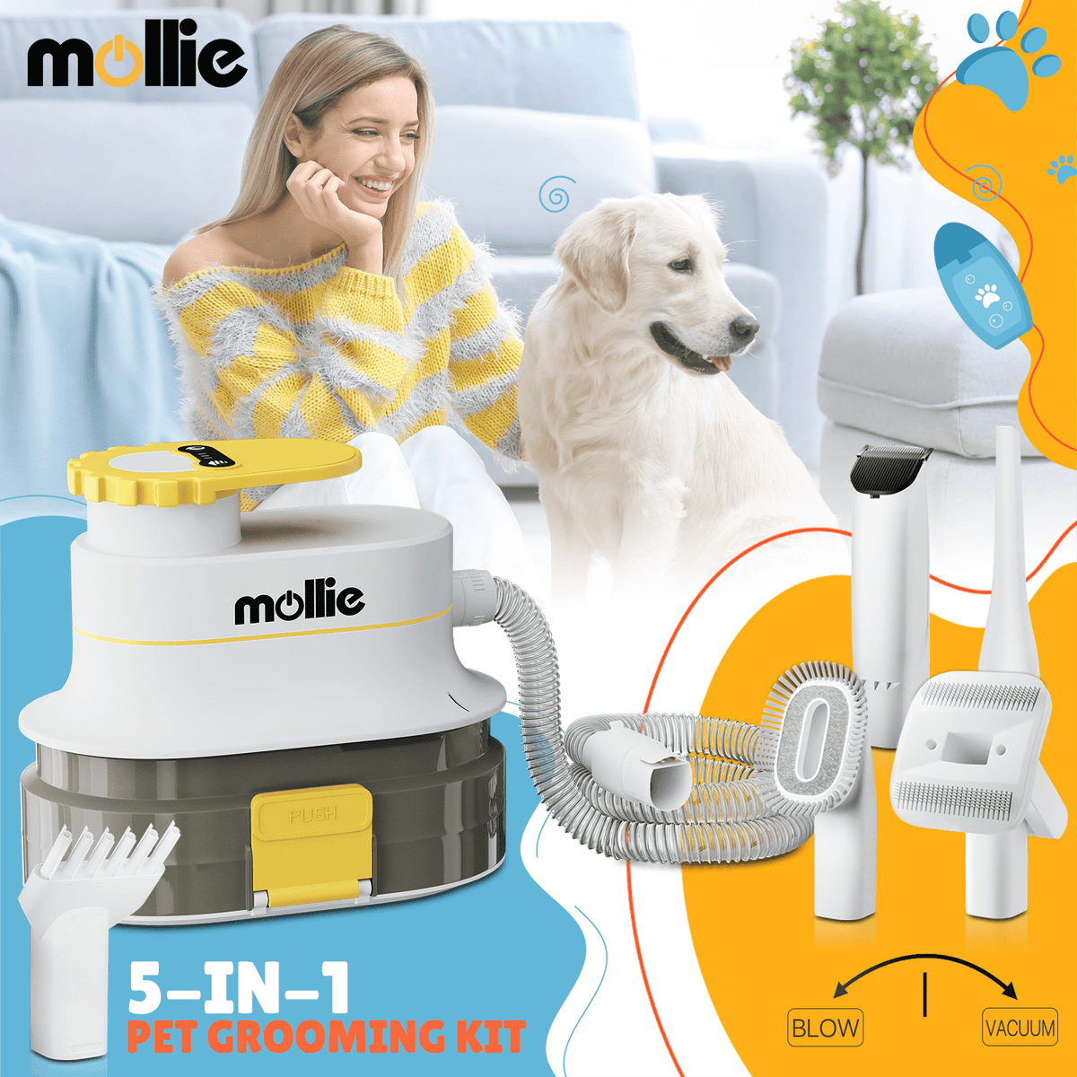 Dog Grooming Vacuum and Dryer Kit with 6 Grooming Tools, Trimmer and Guide Combs for At-Home Dog and Cat Coat Care, MoNiBloom