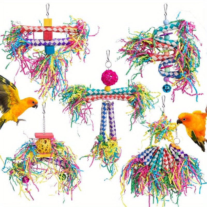 Bird Shredding Toys 5-Piece Set with Woven Tubes and Colorful Crinkle Strips, Hanging Parrot Cage Chew Activities for Supervised Enrichment