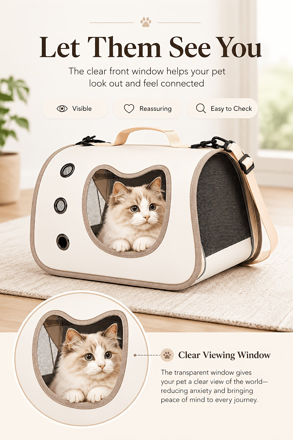 Cat Carrier with Cat-Face Viewing Window, Foldable Pet Travel Bag with Mesh Ventilation and Adjustable Shoulder Strap for Kittens and Small Dogs
