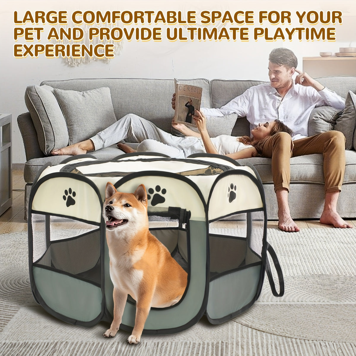 Collapsible Pet Playpen with Mesh Windows and Removable Zipper Top, Octagonal Oxford Fabric Enclosure for Dogs and Cats, Gray or Brown Indoor Outdoor Pen