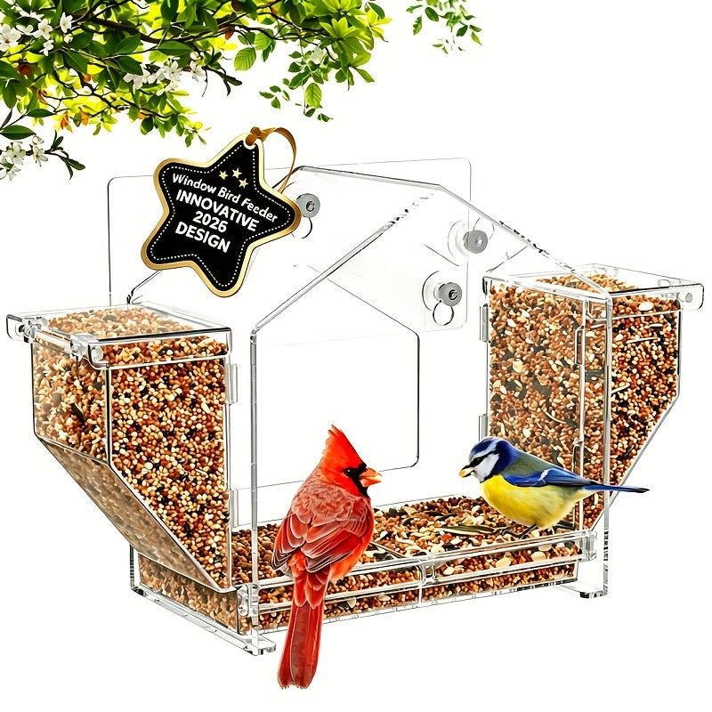 Window Bird Feeder with Dual Side Hoppers, Extra Large Clear Outdoor Feeder with Suction Cups and Adhesive Mount for Indoor Bird Watching