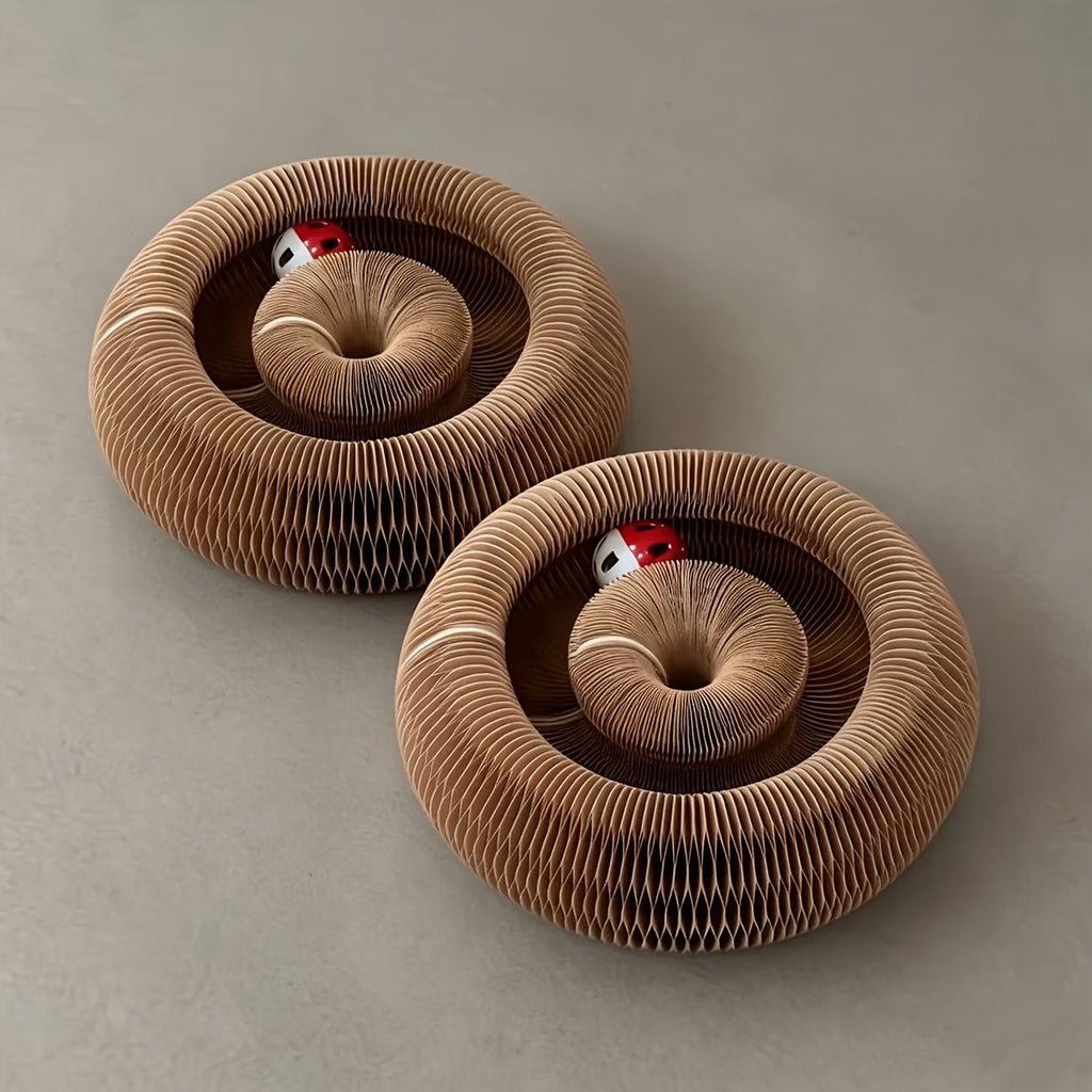 Expandable Cat Scratcher Toy 2-Pack, Curly Corrugated Cardboard Scratching Board with Ball for Indoor Cats, Retractable Scratch Pad for Daily Play