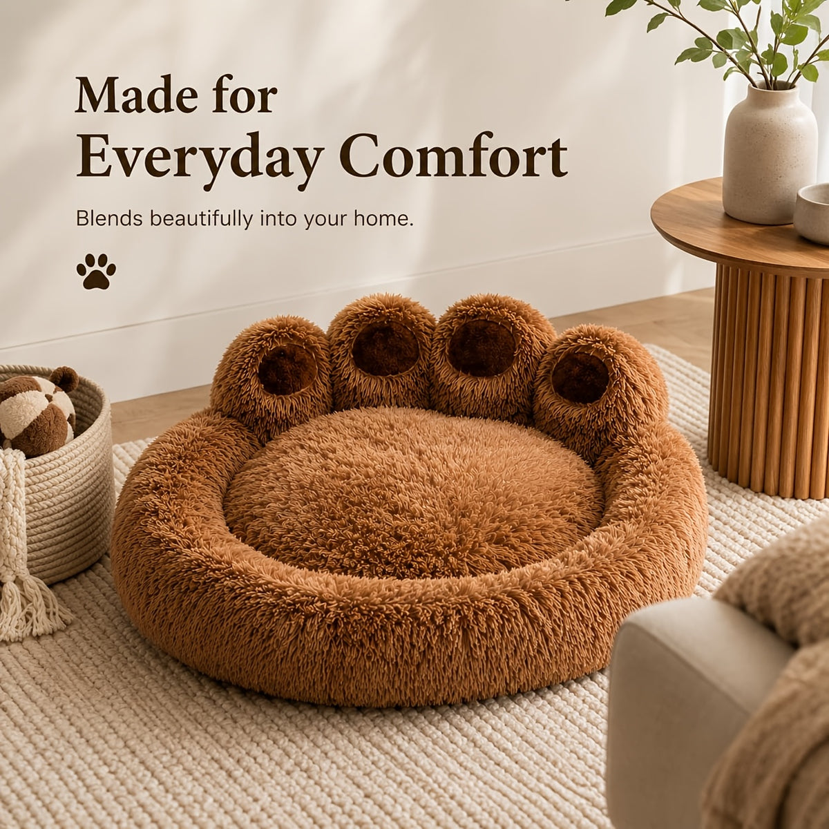 Bear Paw Pet Sofa Bed for Dogs and Cats, Soft Faux Plush Sleeping Nest with Raised Edges in Pink, Grey or Hazelnut, Four Sizes from 55 to 85 cm