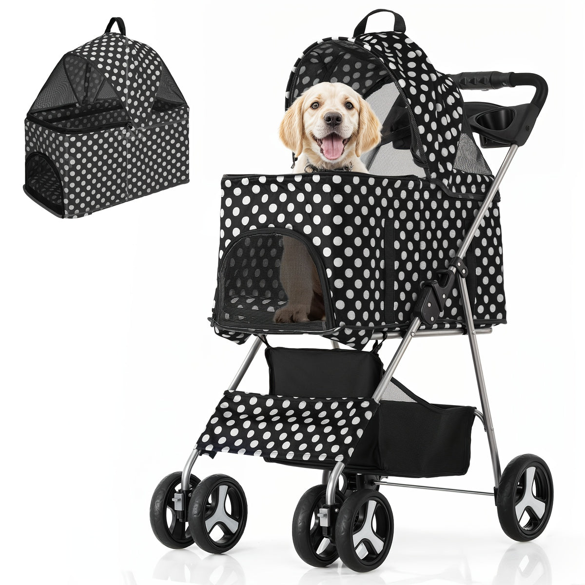 Dog Stroller for Pets up to 33 lbs, 3-in-1 Foldable Pushchair with Detachable Carrier, Car Seat Mode, Push-Button Entry and Mesh Canopy