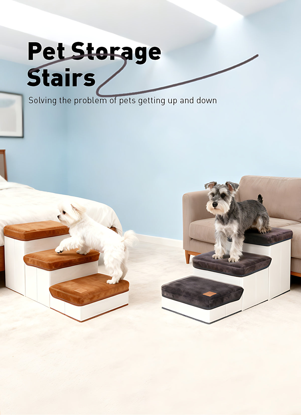 Foldable Dog Stairs with Storage Ottoman Design, Soft Cushioned Non-Slip Pet Steps for Bed and Couch, 3/4-Step Styles with Chicken Leg Plush Toy