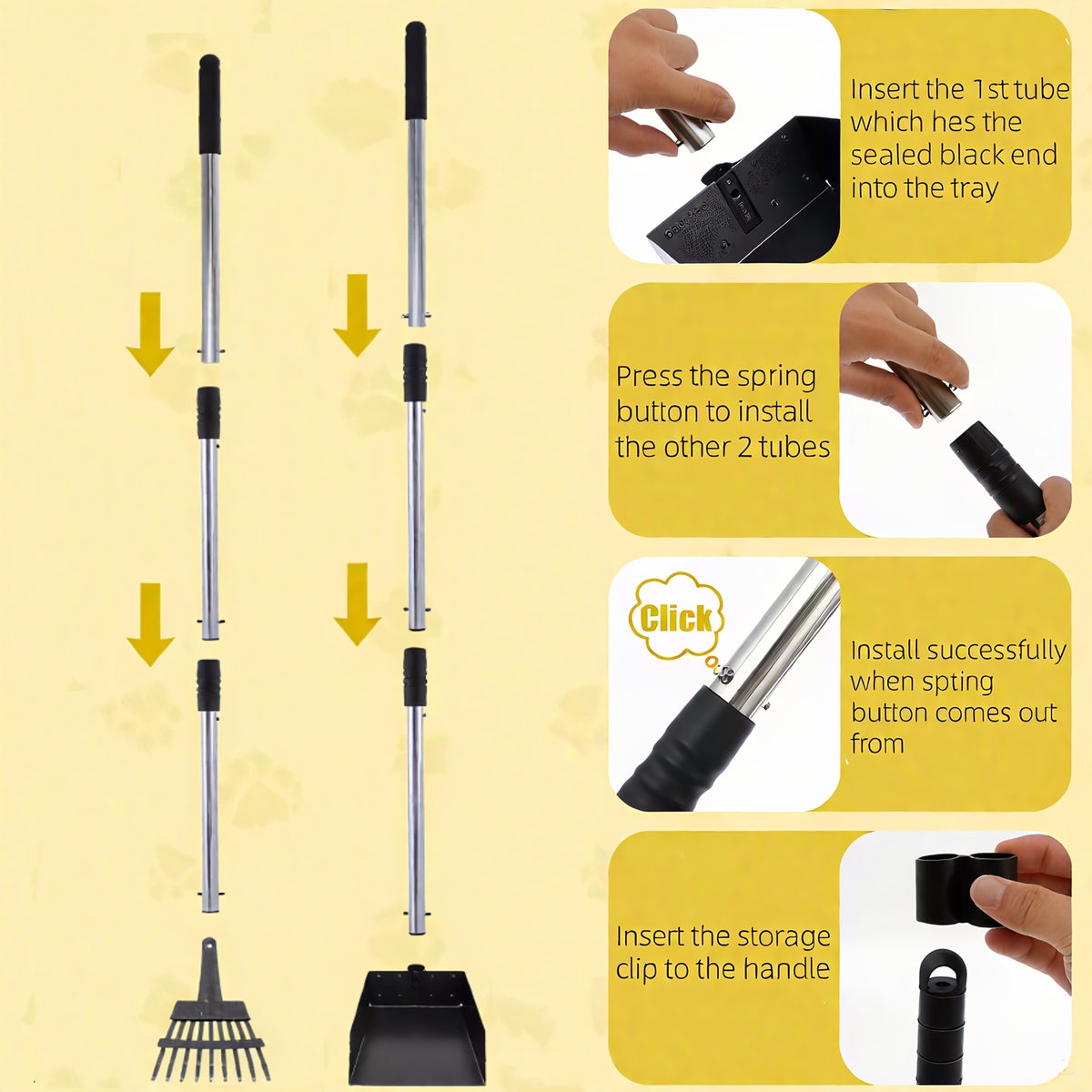 Dog Pooper Scooper Tray and Rake Set, Stainless Steel Pet Waste Removal Tools with Adjustable Handles for Everyday Yard Cleanup
