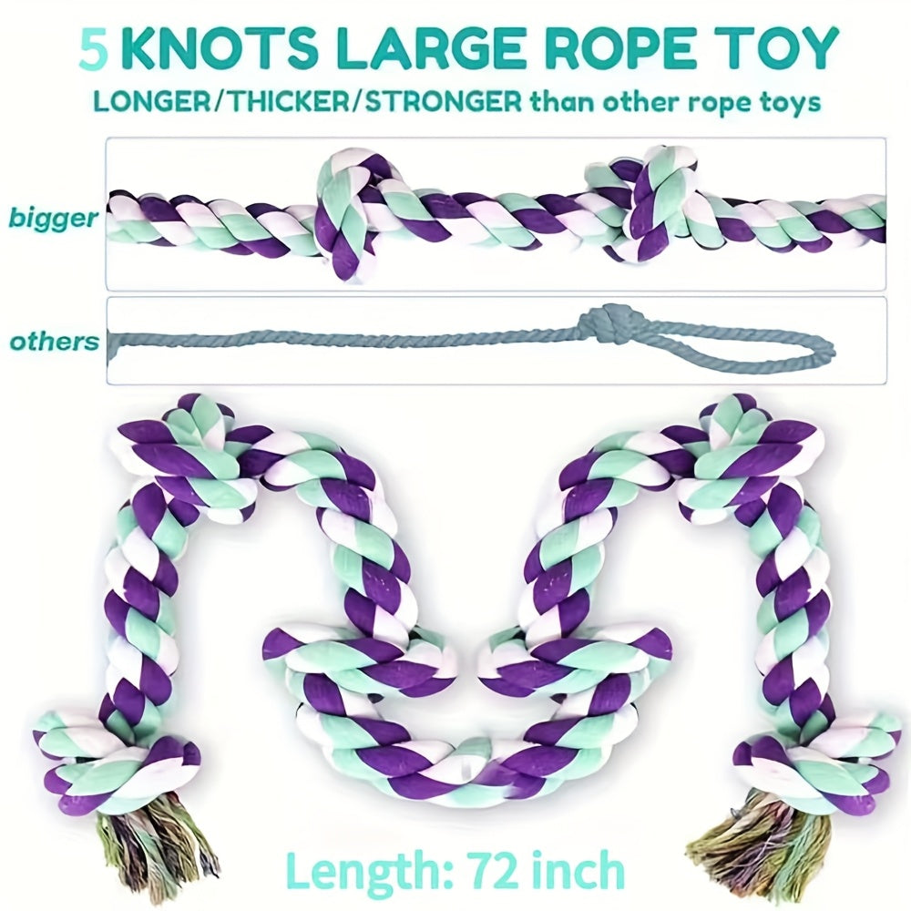 72 Inch Dog Tug Rope Toy with 5 Knots, Colorful Washable Cotton Rope for Supervised Tug of War, Fetch and Interactive Play, Single Piece