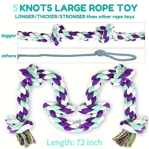 72 Inch Dog Tug Rope Toy with 5 Knots, Colorful Washable Cotton Rope for Supervised Tug of War, Fetch and Interactive Play, Single Piece