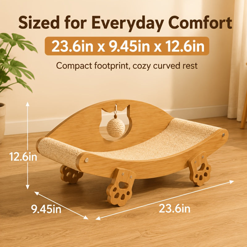Sisal Cat Scratcher Bed with Solid Wood Frame, Curved Indoor Cat Lounge Chair and Scratching Pad with Hanging Toy for Rest and Play