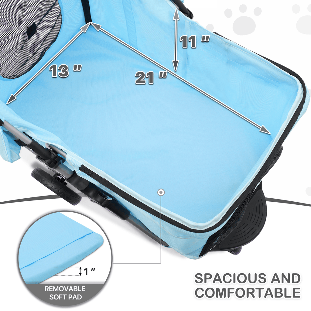 Three-Wheel Dog Stroller with Weather Cover, Foldable Mesh Pet Pushchair for Small Dogs and Cats, Storage Basket, Cup Holder and 10 Style Options