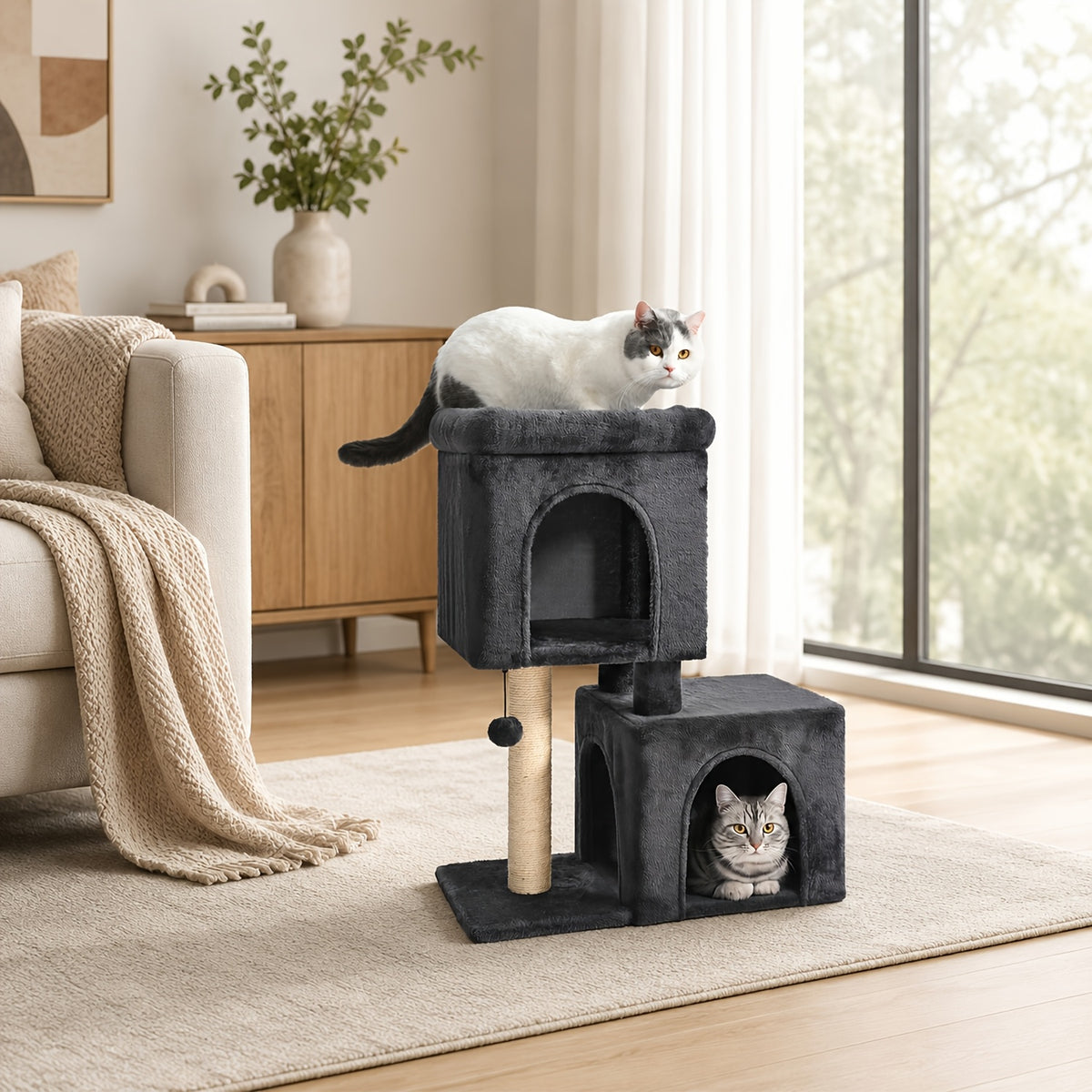 Cat Tree with Wide Perch and Condo, Modern Wood Cat Tower with Sisal Scratching Posts and Pad for Large Adult Indoor Cats and Compact Living Spaces