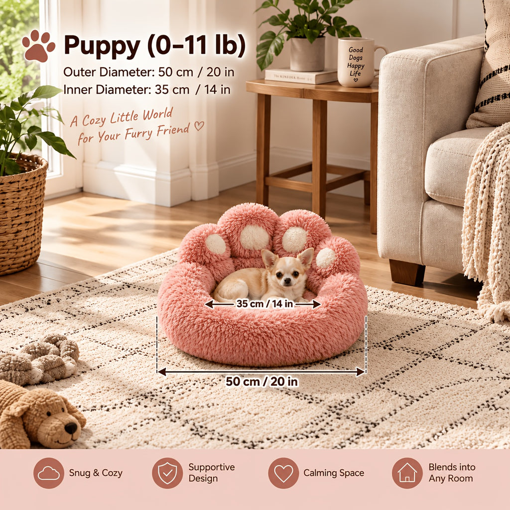 Plush Dog Bed with Bear Paw Shape, Soft Faux Fur Cat Sleeping Cushion with Non-Slip Bottom, Coffee Pink or Gray for Pets up to 30 lbs