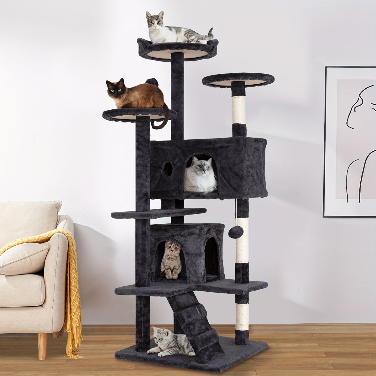 Cat Tree 54 Inch in Dark Gray, Multi-Level Indoor Cat Tower with Scratching Posts, Condo Hideaway and Play Toys for Climbing, Rest and Daily Activity