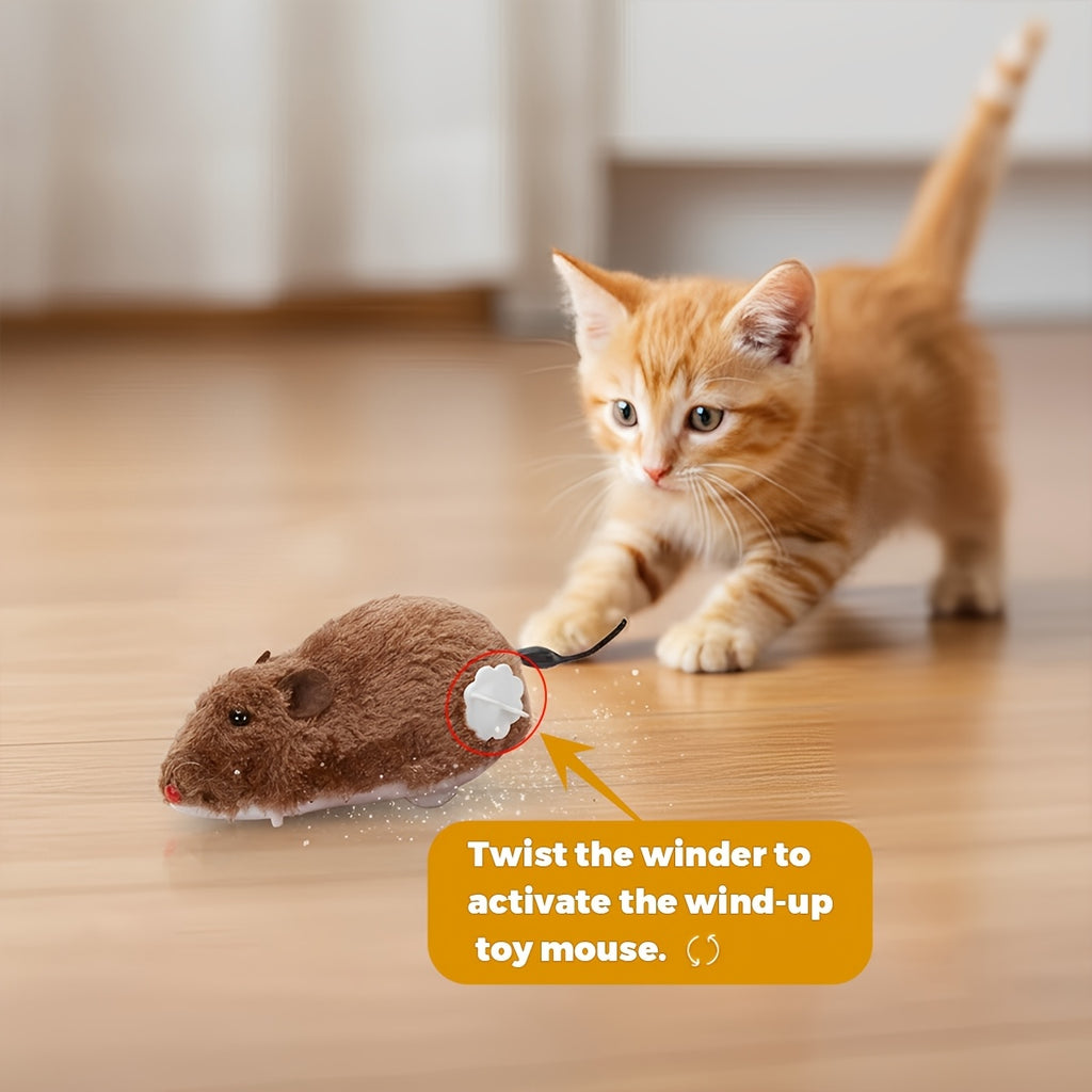 Wind-Up Mouse Cat Toy Set, Plush Clockwork Moving Mice for Supervised Indoor Chase Play, No Batteries Required, Gray Black White and Beige