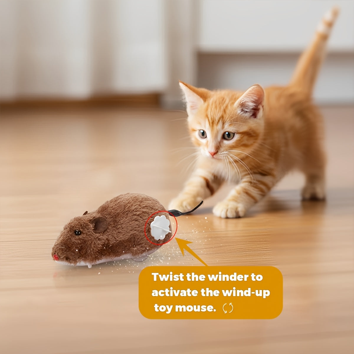 Wind-Up Mouse Cat Toy Set, Plush Clockwork Moving Mice for Supervised Indoor Chase Play, No Batteries Required, Gray Black White and Beige
