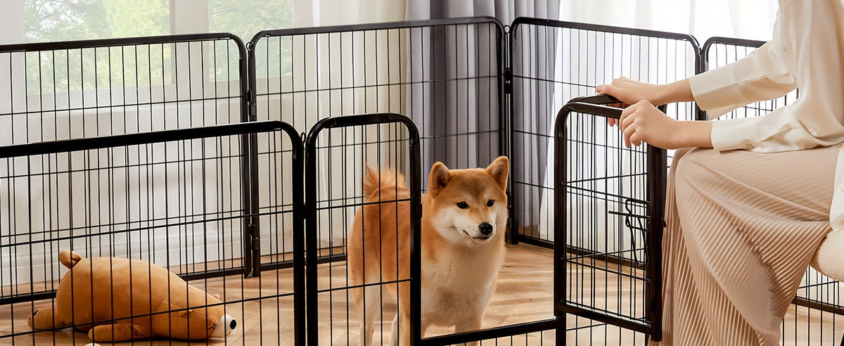 Metal Dog Playpen with Door, DIY 8 or 16 Panel Puppy Exercise Fence in 24, 32 or 40 Inch Size Options for Indoor and Outdoor Supervised Play
