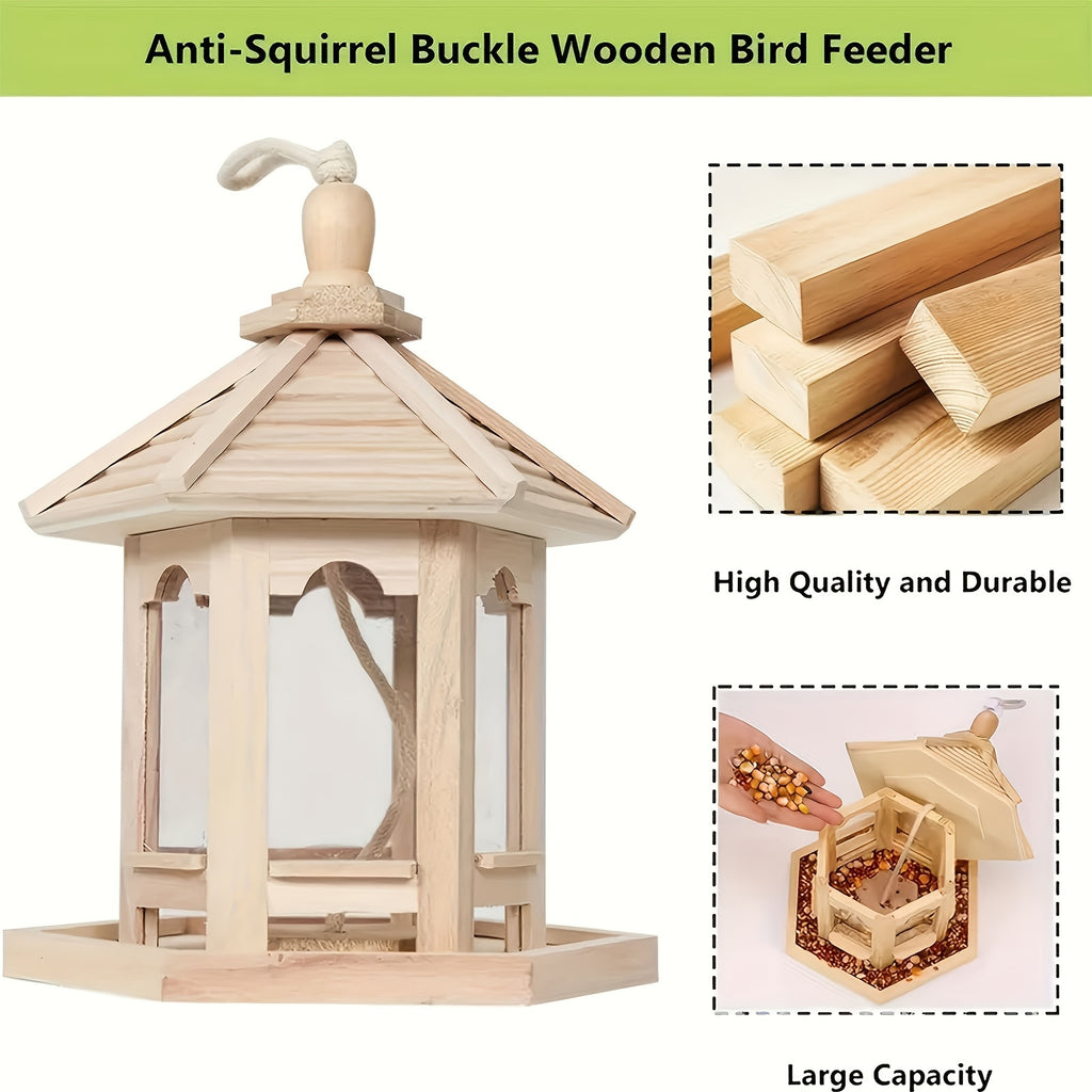 Wooden Hanging Bird Feeder for Outdoors, 1-Piece Wood Bird Feeding Station for Balcony, Patio and Garden Backyard Birdwatching