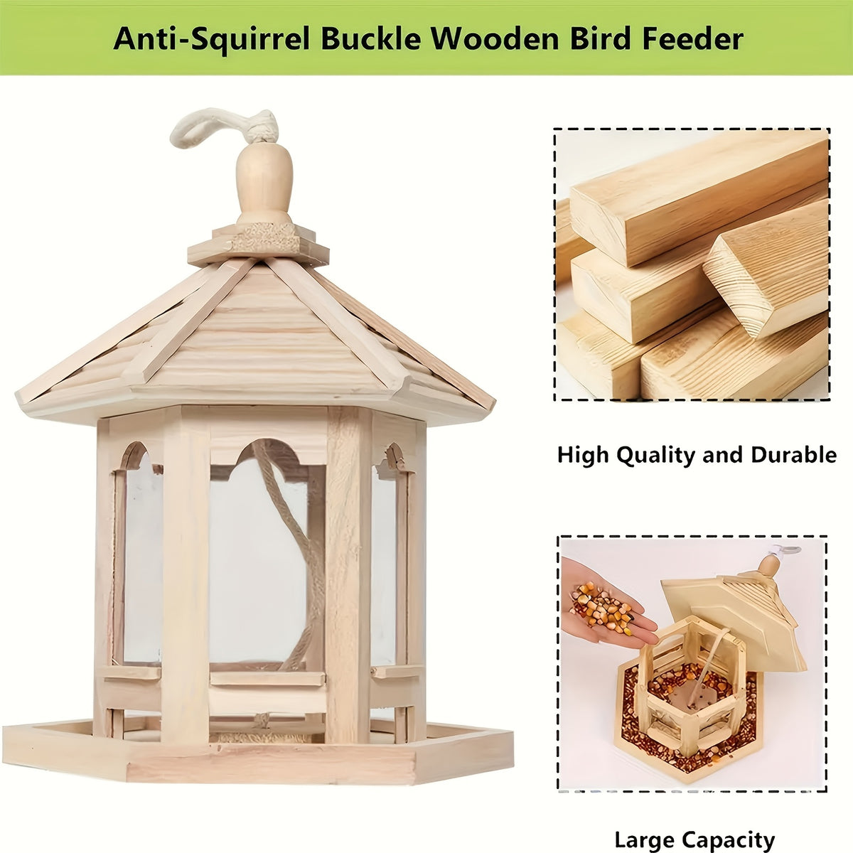 Wooden Hanging Bird Feeder for Outdoors, 1-Piece Wood Bird Feeding Station for Balcony, Patio and Garden Backyard Birdwatching