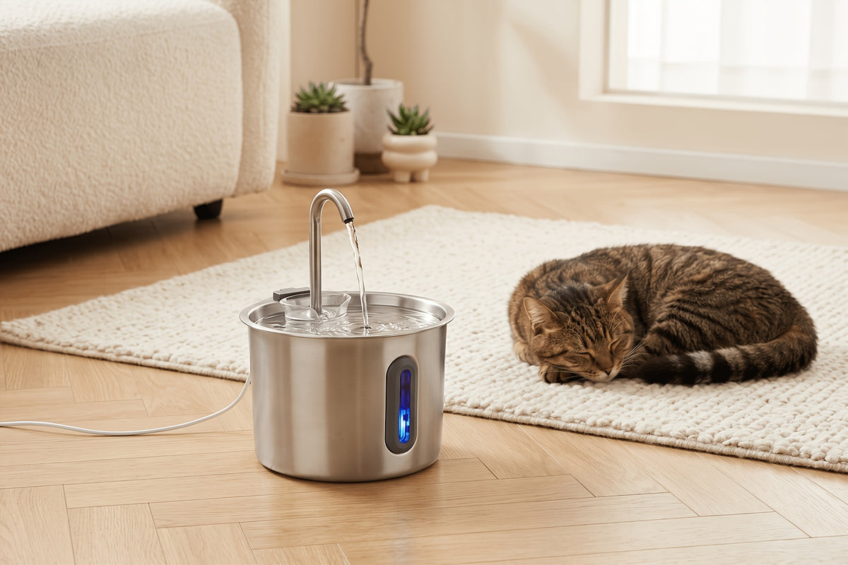 Cat Water Fountain with Filter and Sponge Bundles, 74oz 2.2L Stainless Steel Drinking Dispenser with Water Level Window for Indoor Cats and Small Dogs