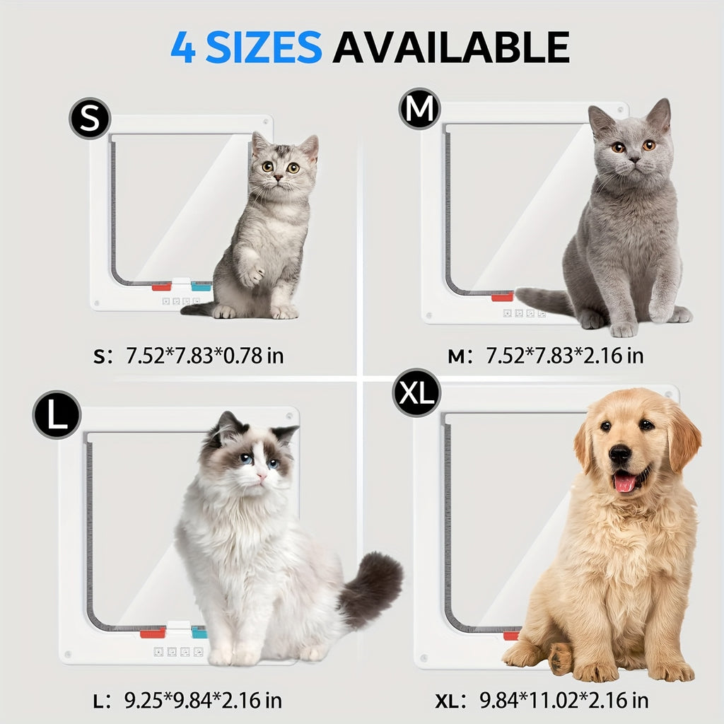 Cat Door with 4-Way Lock, Weatherproof Pet Flap for Cats and Dogs with Bonus Rainbow Ball Toy, M L XL Sizes in White, Black or Coffee