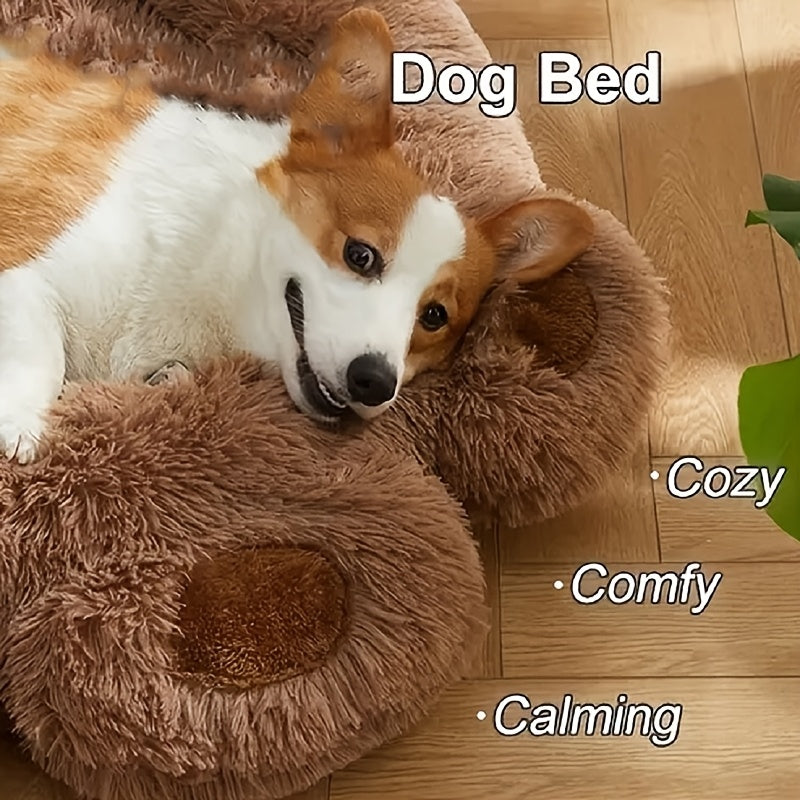 Dog Bed with Bear Paw Bolsters, Thick Plush Cat Sleeping Cushion with Non-Slip Bottom, Pink Grey or Coffee in 60cm, 70cm and 100cm Sizes