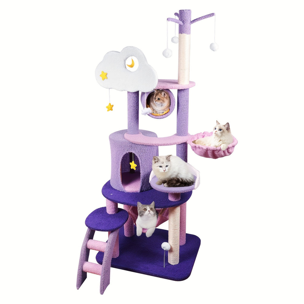 Moon and Star Cat Tree, 65 Inch Purple and Pink Indoor Cat Tower with Hammock, Condo, Sisal Scratching Post and Ladder for Climbing and Rest