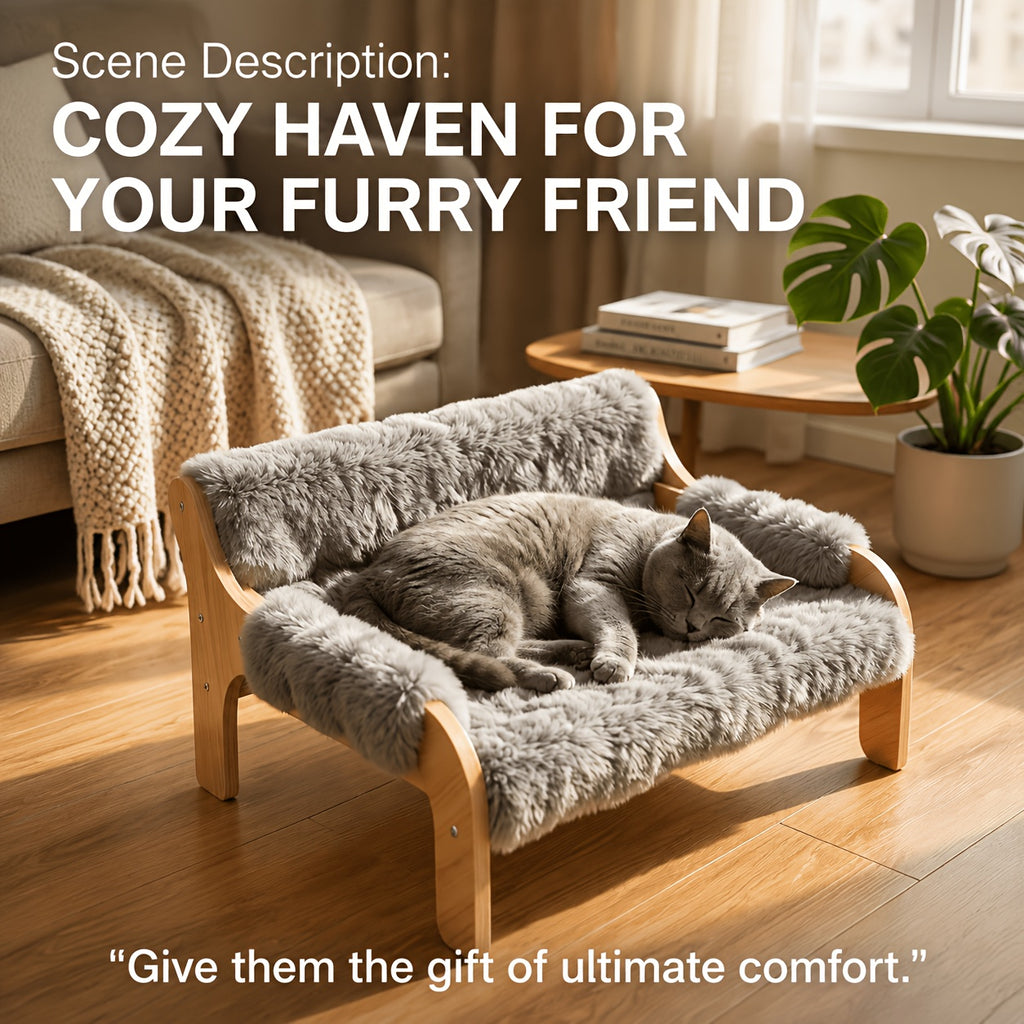 Wooden Cat Sofa Bed with Removable Washable Plush Blanket, Elevated Pet Couch for Cats and Small Dogs up to 40 lbs, Gray or White