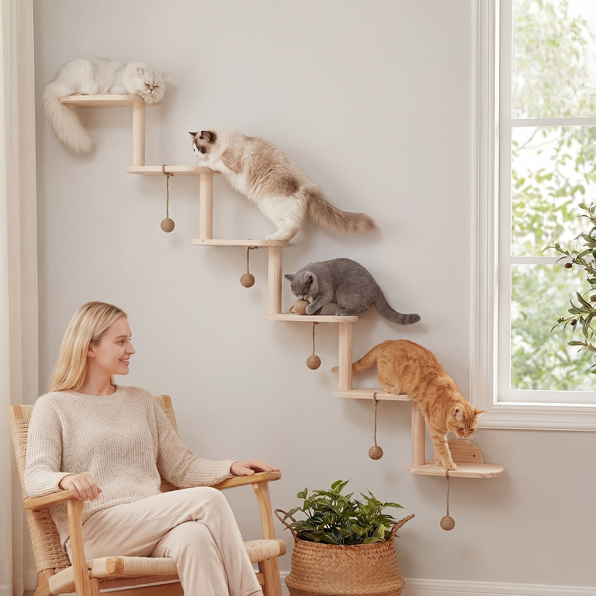 Modular Cat Wall Shelves 6-Piece Set with 5 Toy Balls, DIY Wall-Mounted Cat Tree Furniture for Indoor Climbing, Resting and Scratching