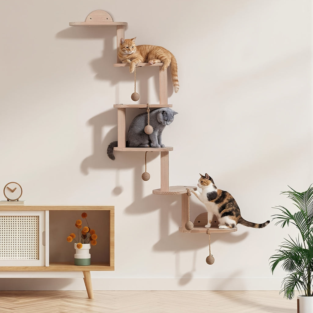 Modular Cat Wall Shelves 6-Piece Set with 5 Toy Balls, DIY Wall-Mounted Cat Tree Furniture for Indoor Climbing, Resting and Scratching