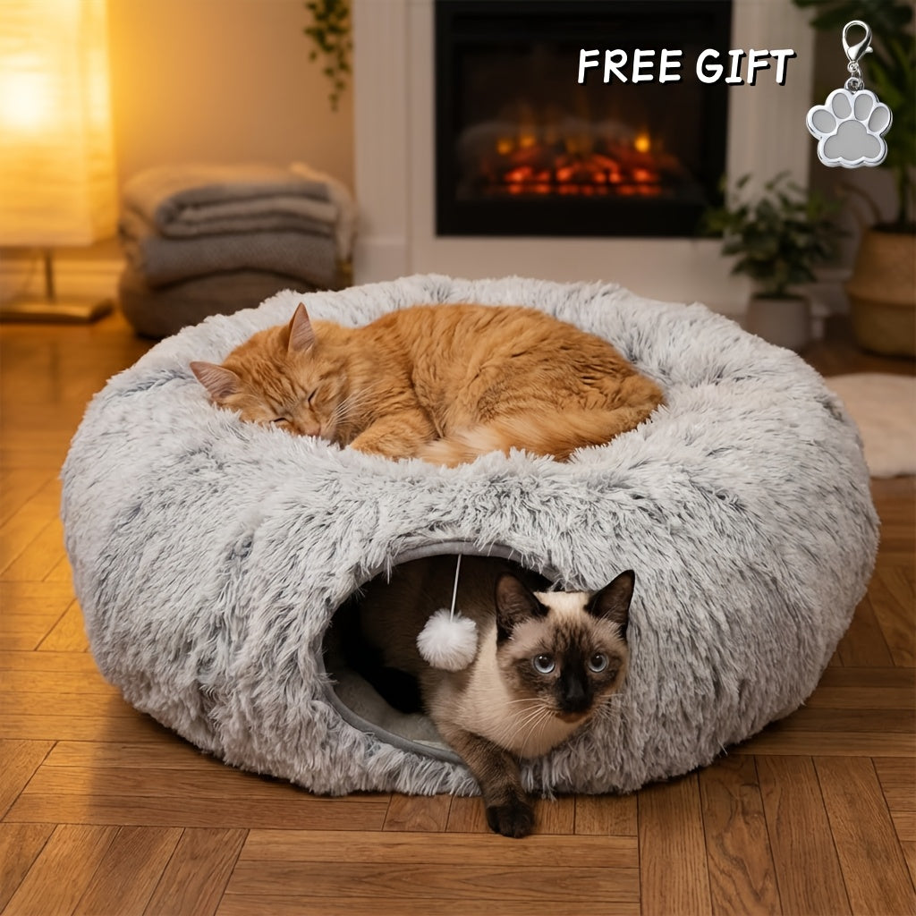 Cat Tunnel Bed with Plush Donut Hideaway, Winter Cozy 2-in-1 Indoor Cat Cave with Hanging Pom-Pom Toys and Thickened Non-Slip Bottom